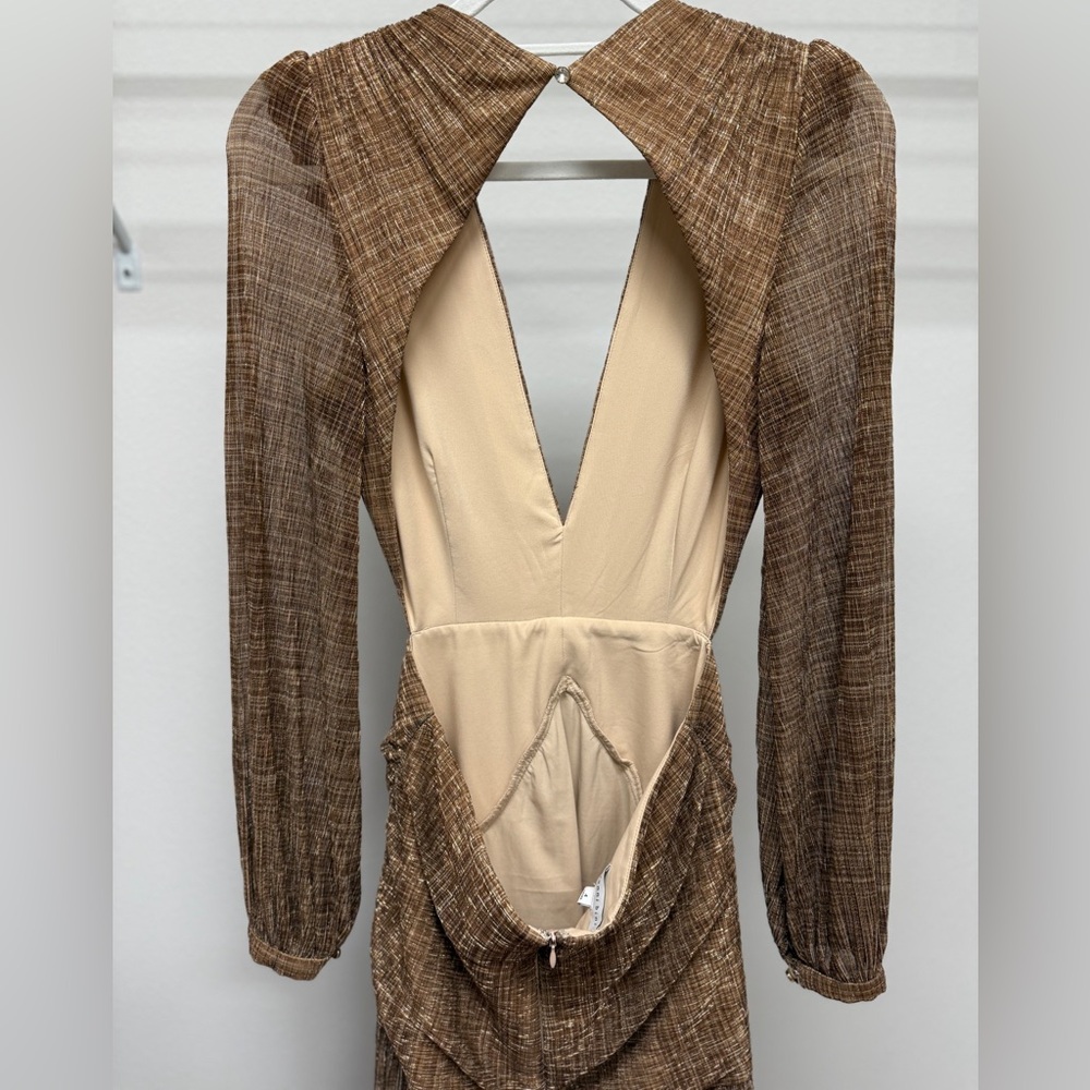Gianni Bini Hazel Metallic Chiffon V-Neck Long Sleeve Cut Out Dress Sz 4 - Picture 4 of 7